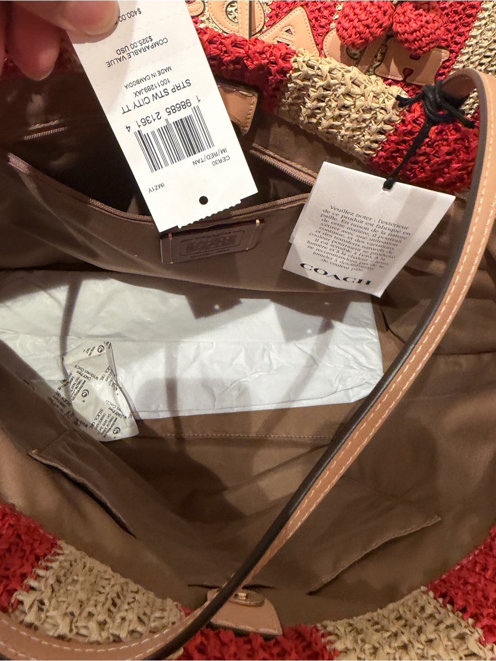 Coach Red and Cream Striped Crochet Tote with Pom-Pom Charm straw city tote new - Picture 11 of 14